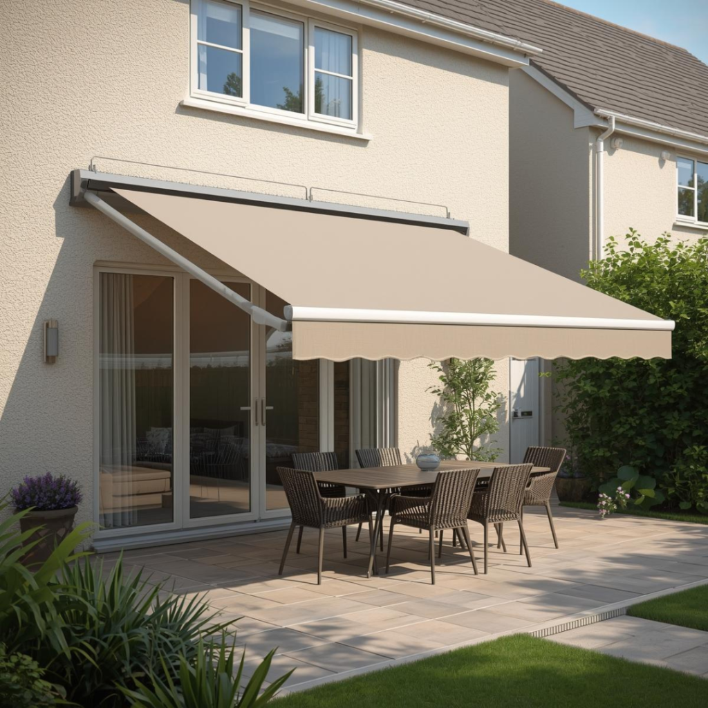 awning 3 stone coloured awning extended from a stone coloured home providing shade for an outdoor dining table and chairs set