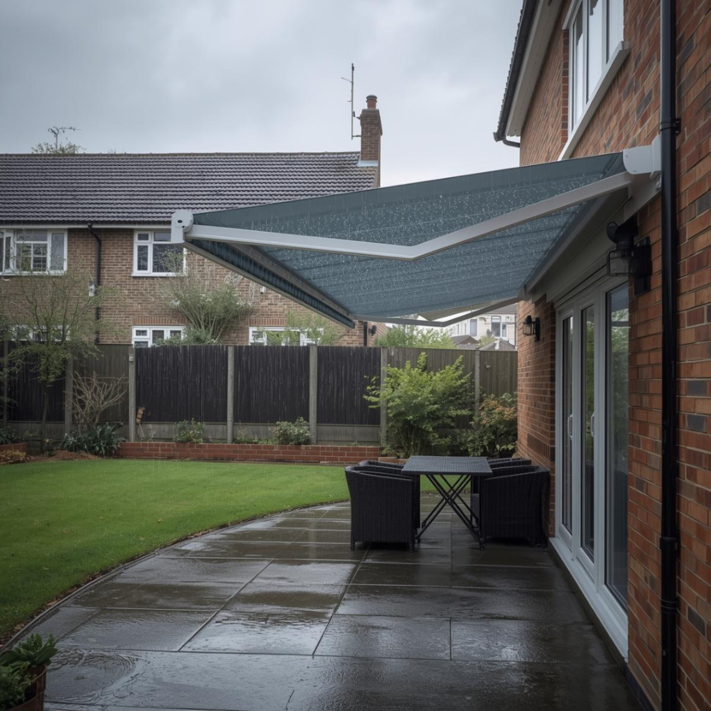 awning rain external residential awning on a brick built house with light rain falling
