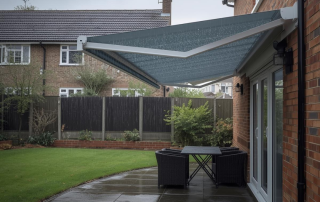 external residential awning on a brick built house with light rain falling