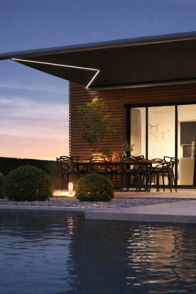 awnings in east sussex - an awning with heating installed next to a stunning pool in an evening setting