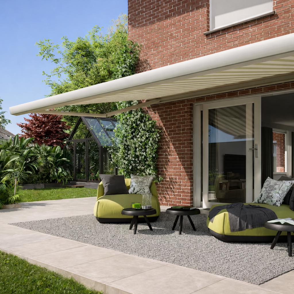 awnings eastbourne - an awning extended over a back garden with bright green patio furniture and lots of foliage