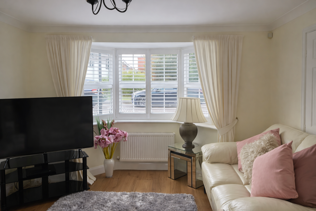 eastbourne shutters - photo of a customers instaled shutters in their living room cream with pink accents on the sofa